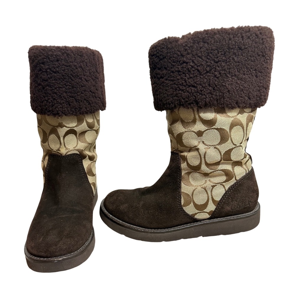 Coach Kally Signature Suede Winter Boots Women Brown Khaki Faux Fur Good 6.5 B - Picture 3 of 16